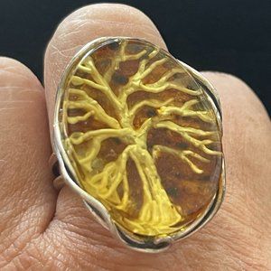 Amber Tree Hand Carved Ring | Sterling Silver | Adjustable Size | NWT